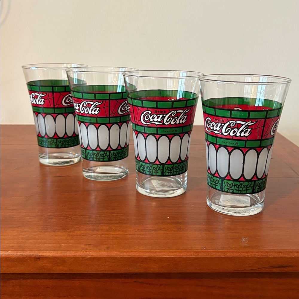 Coca-Cola Tiffany Style Stained Glass Tumblers Set of 4 Vintage